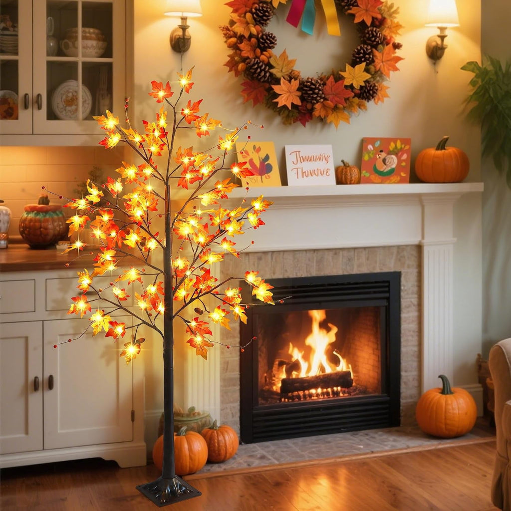 2 Pack LED Lighted Maple Tree, 5 FT Lighted Artificial Tree for Thanksgiving Harvest Fall Festival Halloween Home Party Decoration