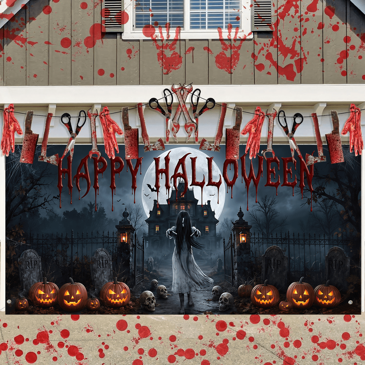 16X7ft Halloween Garage Door Cover Decorations, Spooky Skeletons Pumpkin Large Garage Wall Backdrop Hanging Banner for Halloween Yard Indoor Outdoor Party Decor