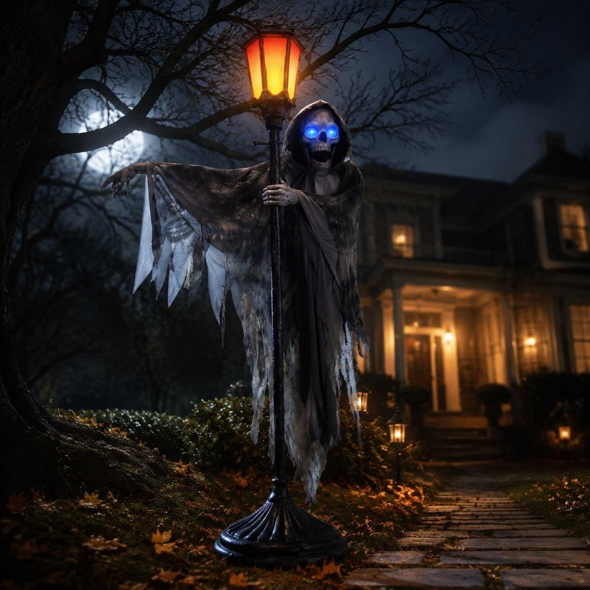 BZPIZ Ghost Outdoor Lights Halloween Decorations, Skeleton with Light Up Blue Eyes Street Lamp for Yard Porch Front Door Outdoor