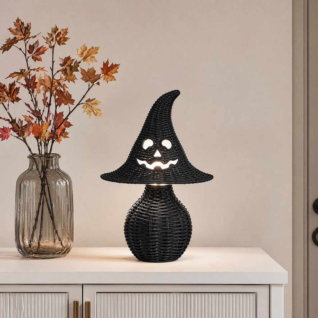 Lighted Halloween Table Centerpiece, Witch Hat Pumpkin Lamp, Black Woven Rattan Halloween Decor Indoor, Glowing Tabletop Decoration for Party Home
