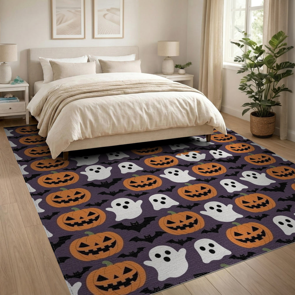 ODIKA 8'x10' Washable Area Rug Halloween Harvest Spirits Grinning Lantern Entrance Doormat Door for Living Room, Under Sectional, Family , Durable, Non-Slip