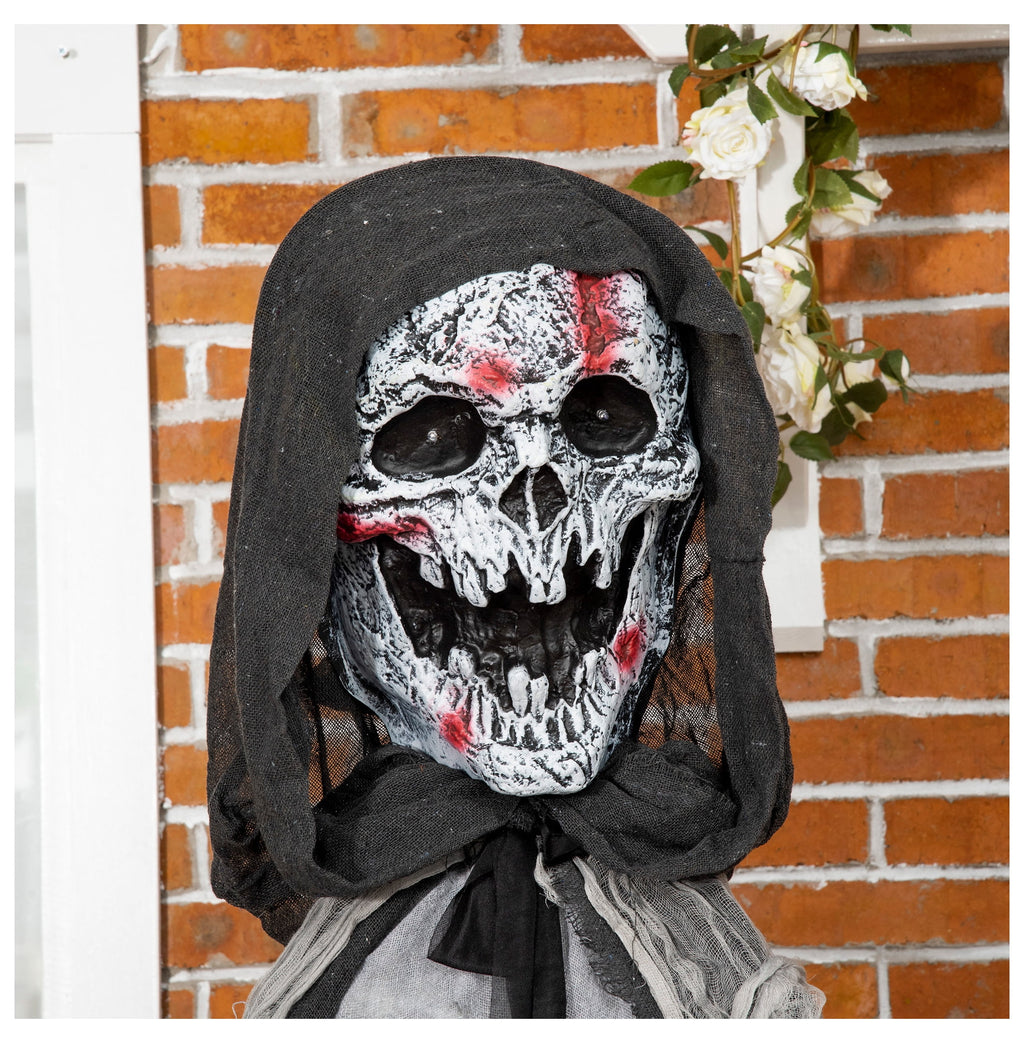 74" Halloween Skeleton Witch Prop, Animated Outdoor Decor with Sound & Motion Activation, Light Up Eyes & Chest, Howling/Chain Sounds, Life Size Animatronic Halloween Decoration
