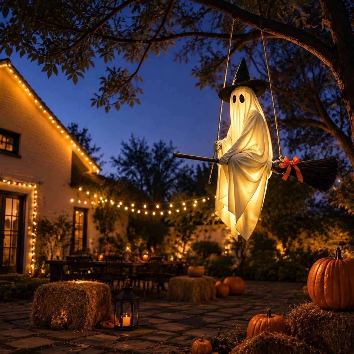 DIY Hanging Swing Ghost Halloween Decor, Flying Ghost on Broomstick with Witch Hat, Spooky Cute Outdoor Halloween Decorations for Front Porch Yard Tree, 3.61x4.33FT
