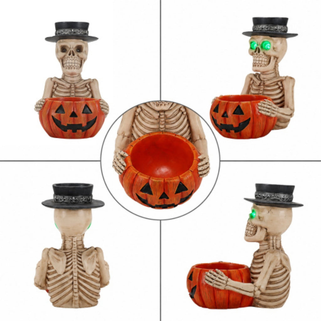 Halloween Skeleton Butler Floor Statue with Serving Tray & Realistic Black Cat, 35.43 Inch Gothic Resin Standing Decor for Entryway, Porch, Living Room, Halloween Party Home Decoration