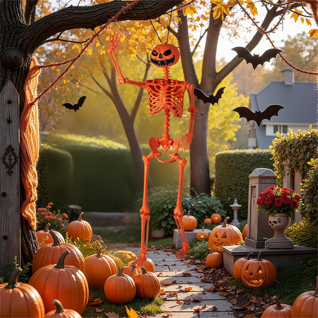 5.5ft Life-Size Halloween Skeleton with Pumpkin Head, Orange, PP+PE Material