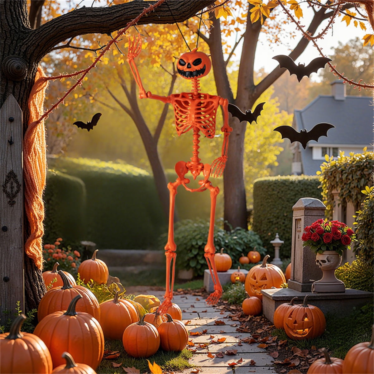 5.5ft Life-Size Halloween Skeleton with Pumpkin Head, Orange, PP+PE Material