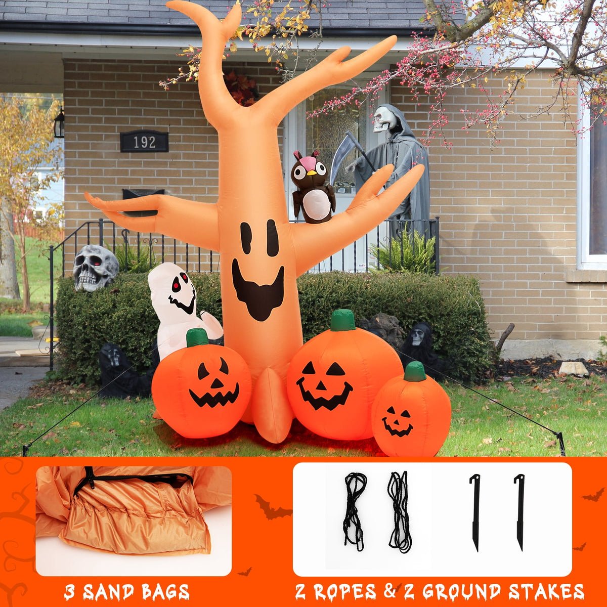 Topbuy 8FT Halloween Inflatable Decoration, Blow Up Dead Tree w/ Waterproof Air Blower Built-in LED Lights 2 Ropes & Stakes Holiday Decor w/ Ghost Owl Pumpkin for Yard Garden Lawn