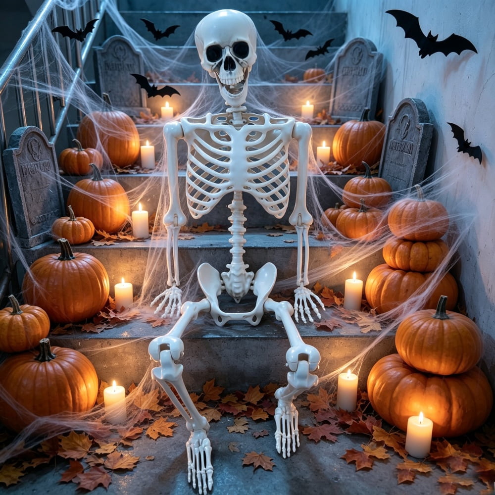 2 Pack 5.4Ft Halloween Skeleton Decorations, Life Size Full Body Skeleton with Movable Joints, Indoor Outdoor Halloween Props for Yard, Porch and Haunted House