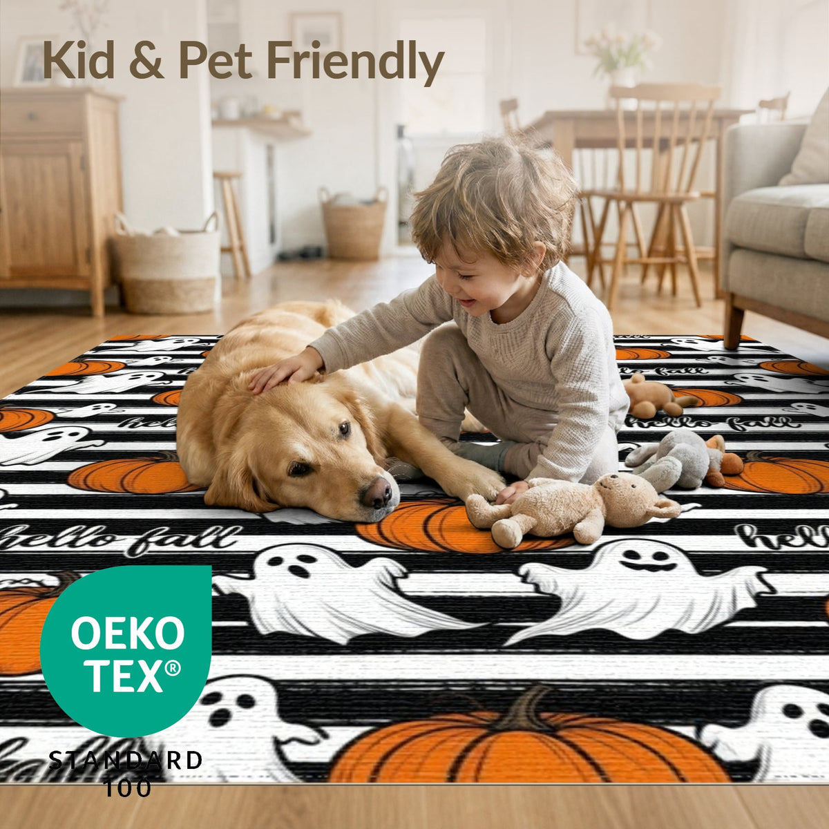 ODIKA Halloween Spooky Pumpkin Phantom Striped Entrance Door Doormat for Playroom, Bedroom, Reading Nook, Pet Friendly & Kids Safe Play
