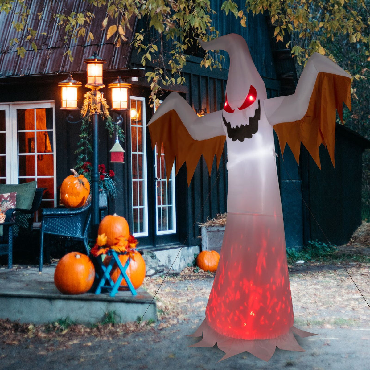 12FT Inflatable Scary Ghost with Flames and Flashing Red Eyes LED Lights for Halloween Yard Decor
