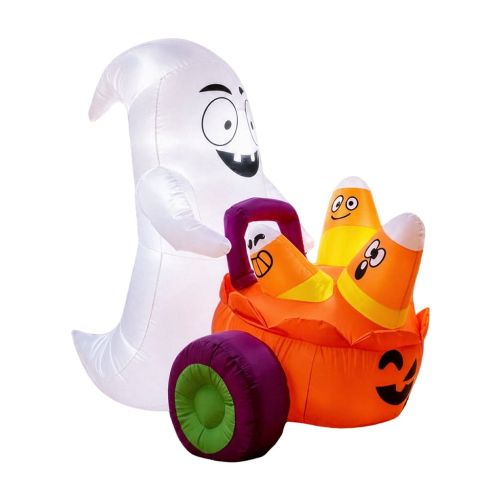 HHJZPR Halloween Inflatable Ghost Driving Pumpkin Cart Yard Decor, 59.06in Built-in LED Light Blow Up Candy Corn Pumpkin Trolley Outdoor Lawn Holiday Ornament