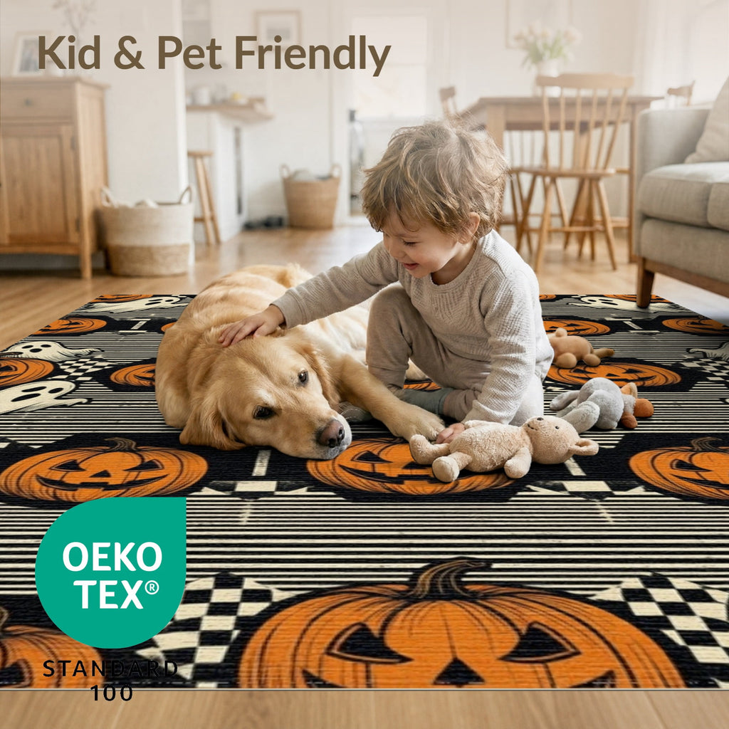 ODIKA Halloween Spooky Pumpkin Phantom Striped Entrance Door Doormat for Playroom, Bedroom, Reading Nook, Pet Friendly & Kids Safe Play