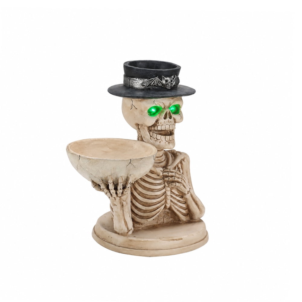 Halloween Skeleton Butler Floor Statue with Serving Tray & Black Cat, Resin Gothic Home Decor for Entryway Porch Living Room