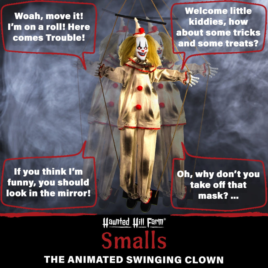 Haunted Hill Farm Animatronic 4.6-Ft. Swinging Clown with Lights and Sound, Indoor or Covered Outdoor Halloween Decoration