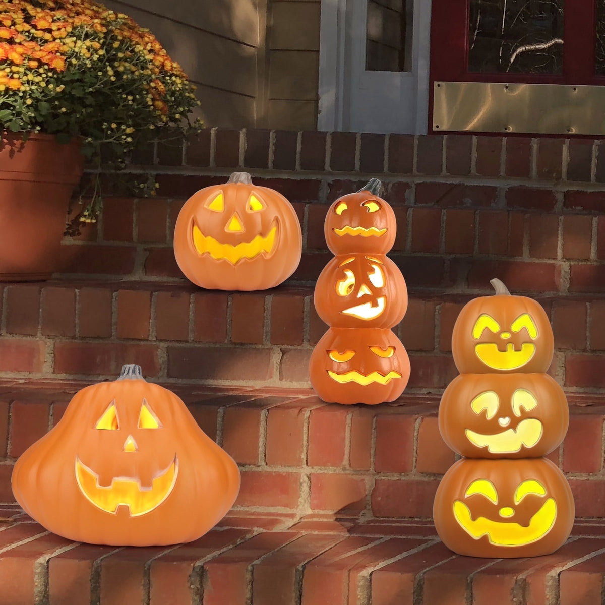 Gamexcel 10" + 14" Pre-Lit Jack O'Lanterns - Indoor/Outdoor Halloween Decorations for Party & Home, Lighted Pumpkin, 2 Pack, Orange