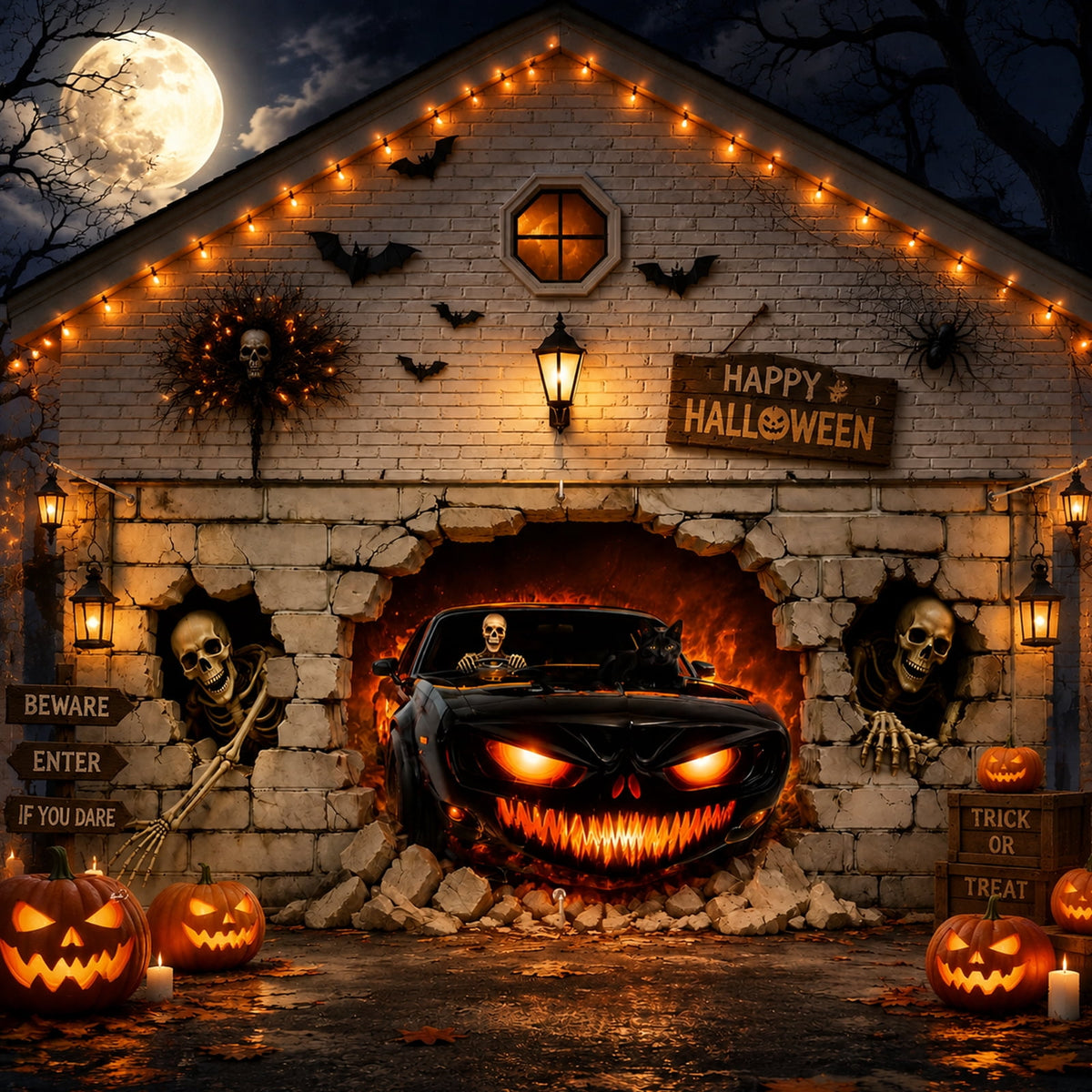 16X7ft Halloween Garage Door Cover Decorations, Spooky Skeletons Pumpkin Large Garage Wall Backdrop Hanging Banner for Halloween Yard Indoor Outdoor Party Decor
