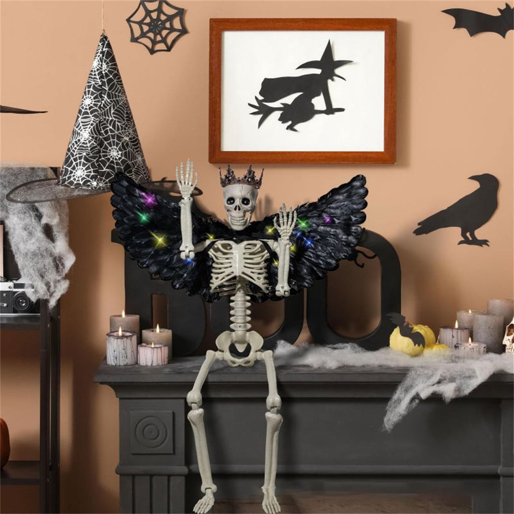 Yujia Halloween 36" Hanging Posable Human Skeleton with LED Wings and Crown, Articulated Full Body Prop for Haunted House, Party, Yard, Home Interior Display