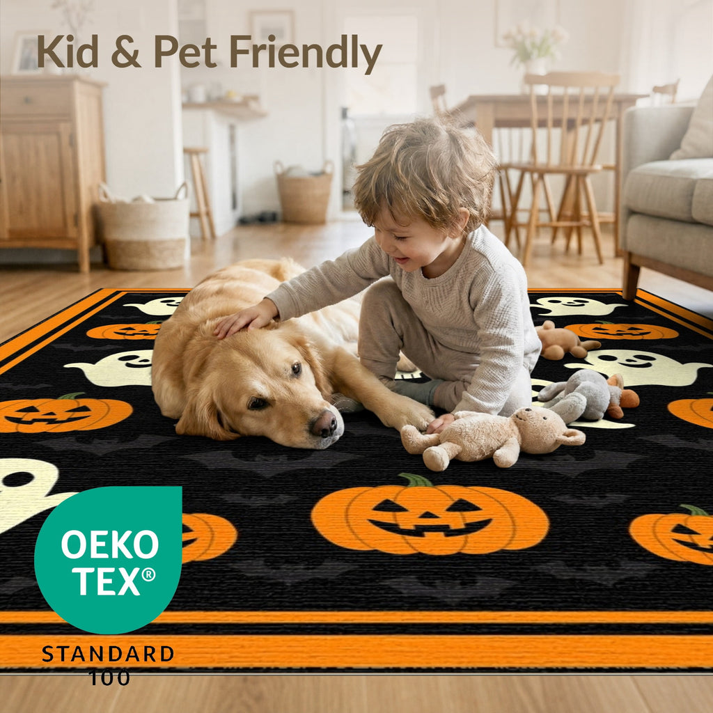 ODIKA 8'x10' Washable Area Rug Halloween Harvest Spirits Grinning Lantern Entrance Doormat Door for Living Room, Under Sectional, Family , Durable, Non-Slip