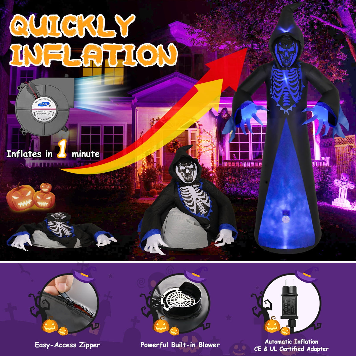 Areker 12ft Halloween Inflatable Grim Reaper, 7 Modes 3D Flame Lights Spooky Blow up Yard Decor, Waterproof & Easy Setup Halloween Ghost for Garden Patio Lawn