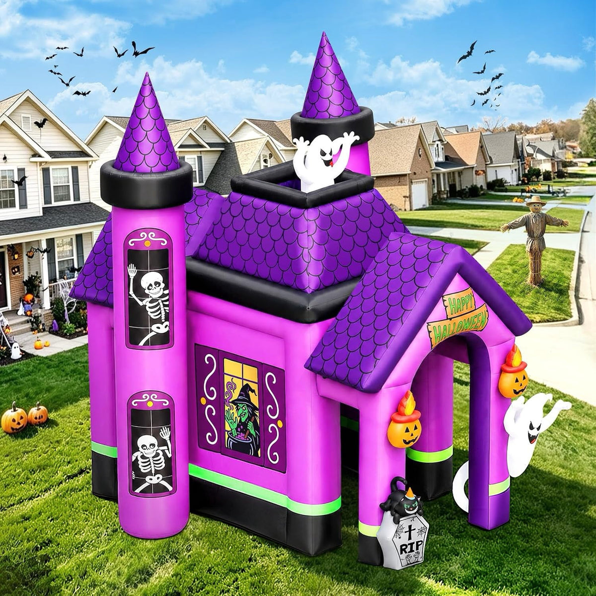 Kalolary 12FT Witch Haunted House Halloween Inflatable Archway, Purple Tunnel Bounce House Halloween Blow up Outdoor Decorations for Yard Festival Party