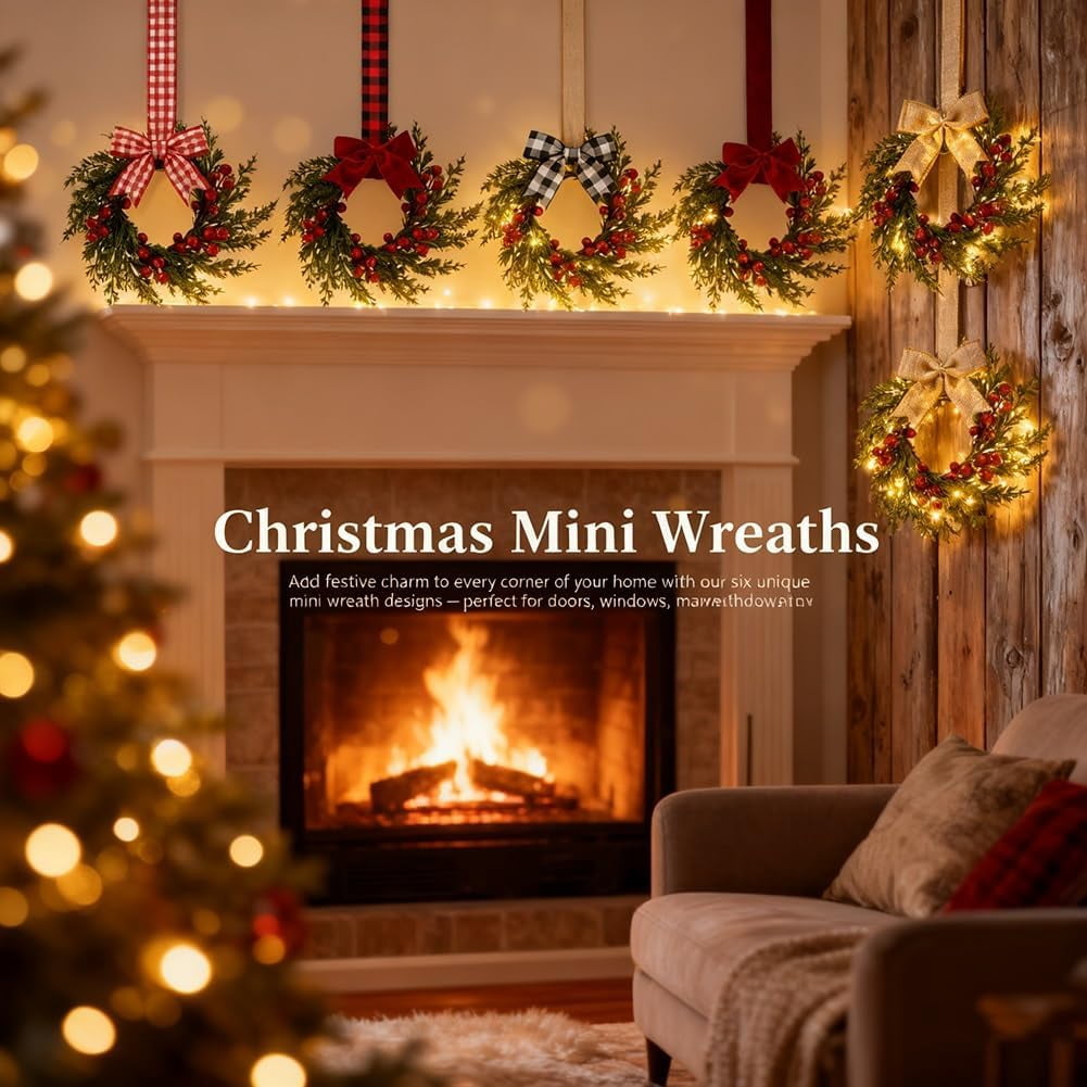 Christmas Mini Wreaths, Set of Small Artificial Pine Cabinet Rings with Bows & Berries, Holiday Door & Window Decor, Hanging Indoor Outdoor Christmas Decorations (Black/Red Check, 10PCS)