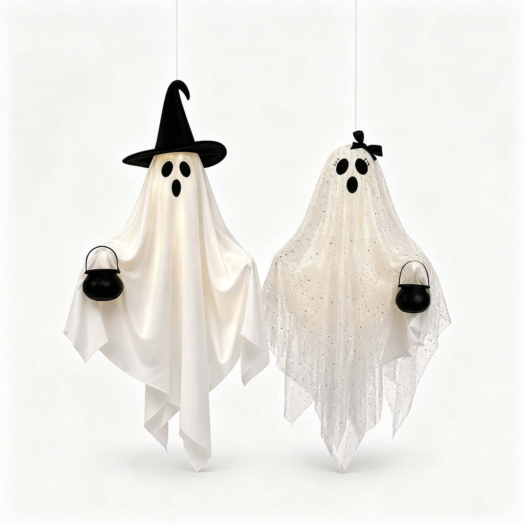 2 Pack Light Up Standing Tulle Ghost Halloween Decorations with Witch Hat, Warm LED Fairy Light Ghost Yard Stakes, Spooky Cute Ghost Outdoor Lawn Porch Mantel Home Halloween Party Decor