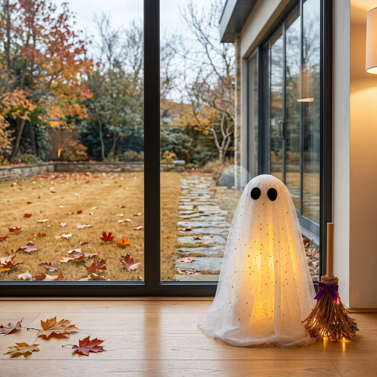 2 Pack Light Up Standing Tulle Ghost Halloween Decorations with Witch Hat, Warm LED Fairy Light Ghost Yard Stakes, Spooky Cute Ghost Outdoor Lawn Porch Mantel Home Halloween Party Decor