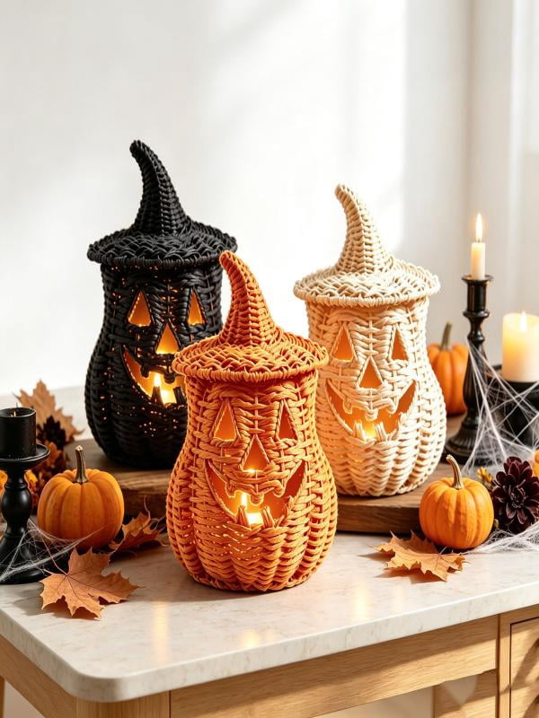 Lighted Halloween Table Centerpiece, Witch Hat Pumpkin Lamp, Black Woven Rattan Halloween Decor Indoor, Glowing Tabletop Decoration for Party Home