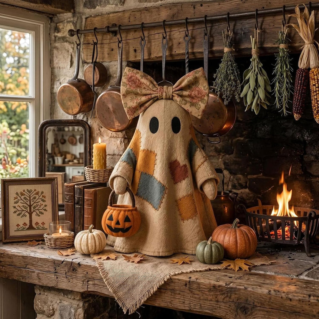 Lighted Vintage Patchwork Ghost, 13.8in LED Sweet Ghost with Pumpkin Lantern, Patchwork Ghosts Lamp for Halloween Decor, Harvest Fall Halloween Decorations for Mantel Shelf Entryway Porch (3Pack)
