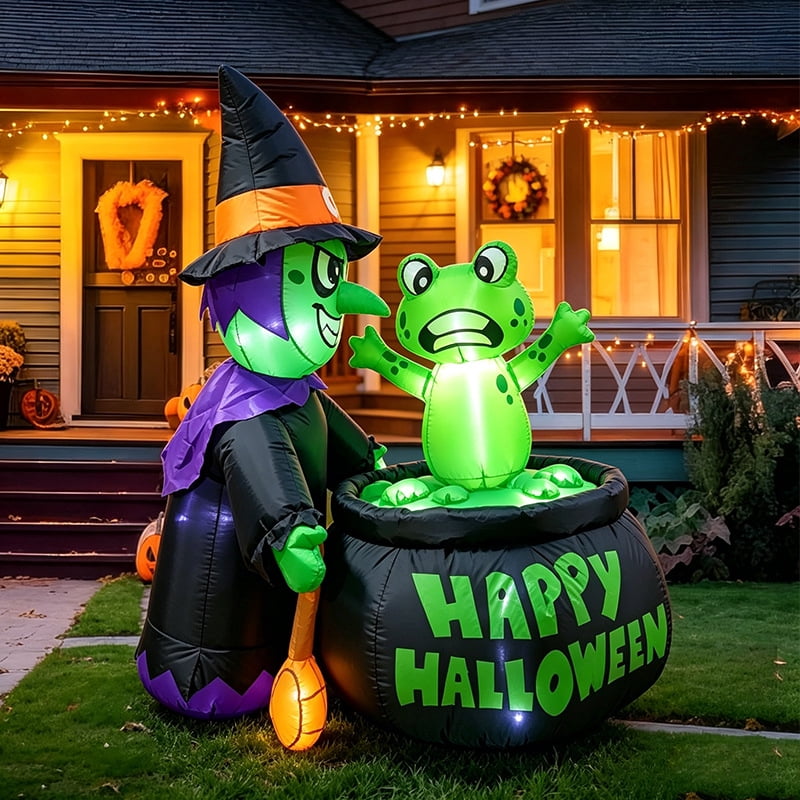 5 Ft Halloween Inflatable Witch and Cauldron Decoration with Green Frog, Inflatable Yard Decor Blow Up with Build-in LEDs Lights for Haunted House Indoor Outdoor Decor,Spooky Witch Cauldron Decor