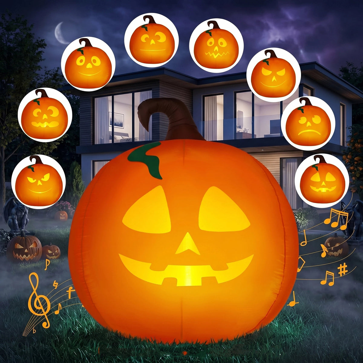 Joyfy 5 Ft Tall Halloween Inflatable Pumpkin,Blow Up Pumpkin with Projector Face and Music Lights,Outdoor Decorations for Yard,Garden,Lawn,Party