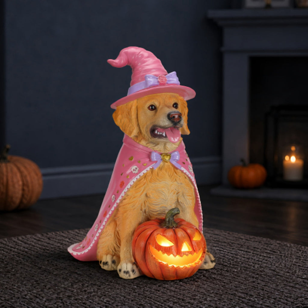 SpookHaven Halloween Jack‑O‑Lantern Pumpkin Mist Sprayer Figurine, LED Light‑Up Fogger with Witch Hat & Skull Decoration, Spooky Ornament for Tabletop Entryway Halloween Party Home Decor