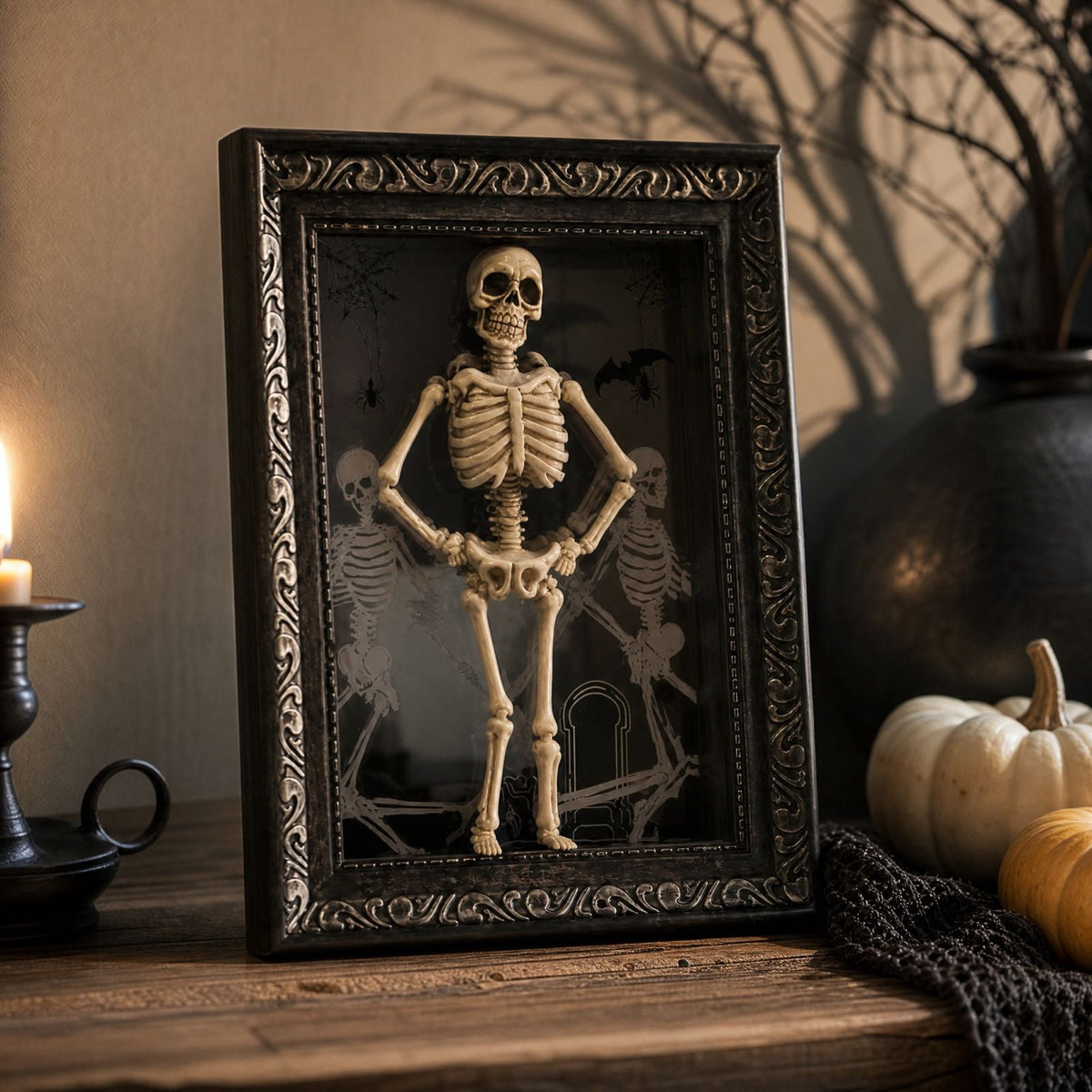 Gothic Dancing Skeleton Picture Frame LED Light Up 11.8 x 7.8in Halloween Table Accent Resin Spooky Figurine Decor for Party Desk Mantle