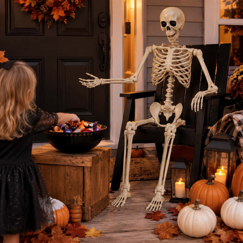 Valora Bella 5.4 FT Skeleton Halloween Decoration Outdoor Indoor - Life Size Poseable Full Body Skeleton Prop with Movable Joints Realistic Skull - Halloween Decor for Haunted House Porch Party Yard
