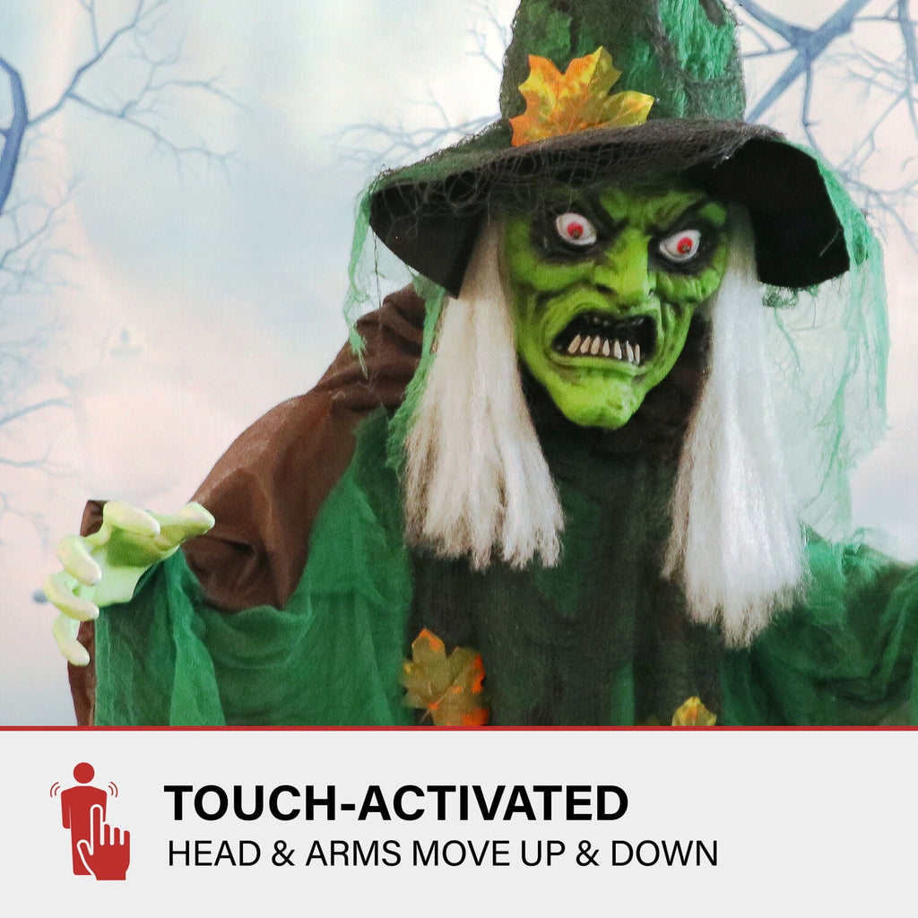 Haunted Hill Farm 6 ft Animatronic Talking Forest Witch with Movement and Lights for Scary Halloween Decoration, HHWITCH-44FLSA