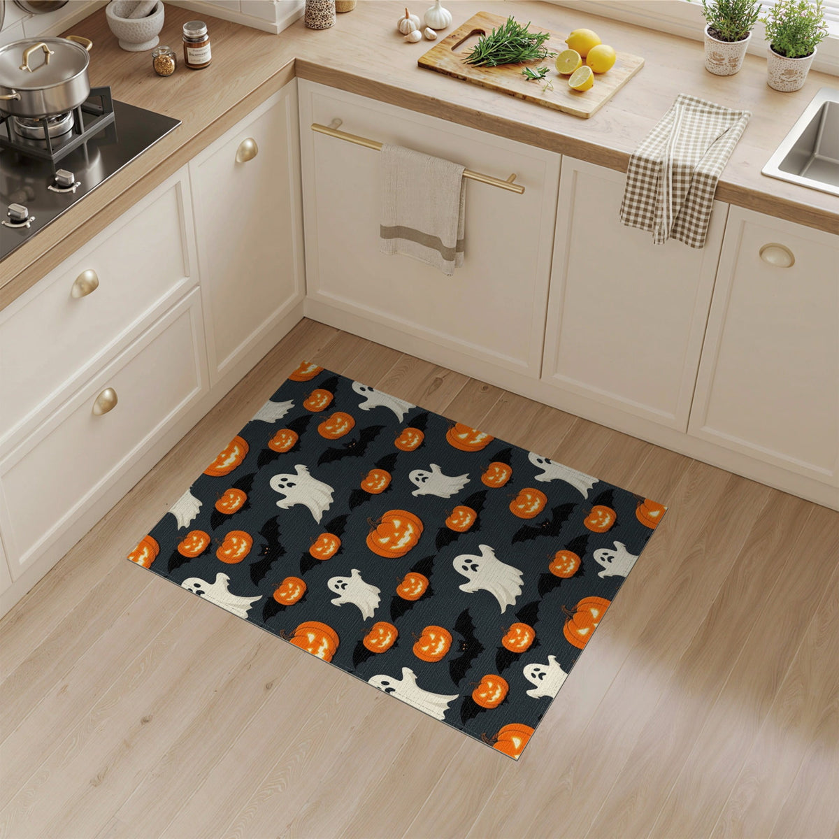 ODIKA Halloween October Phantom Gourd Flying Creature Fiber Doormat Stain Resistant Low Profile for Dorm Room, Small Living Apartment