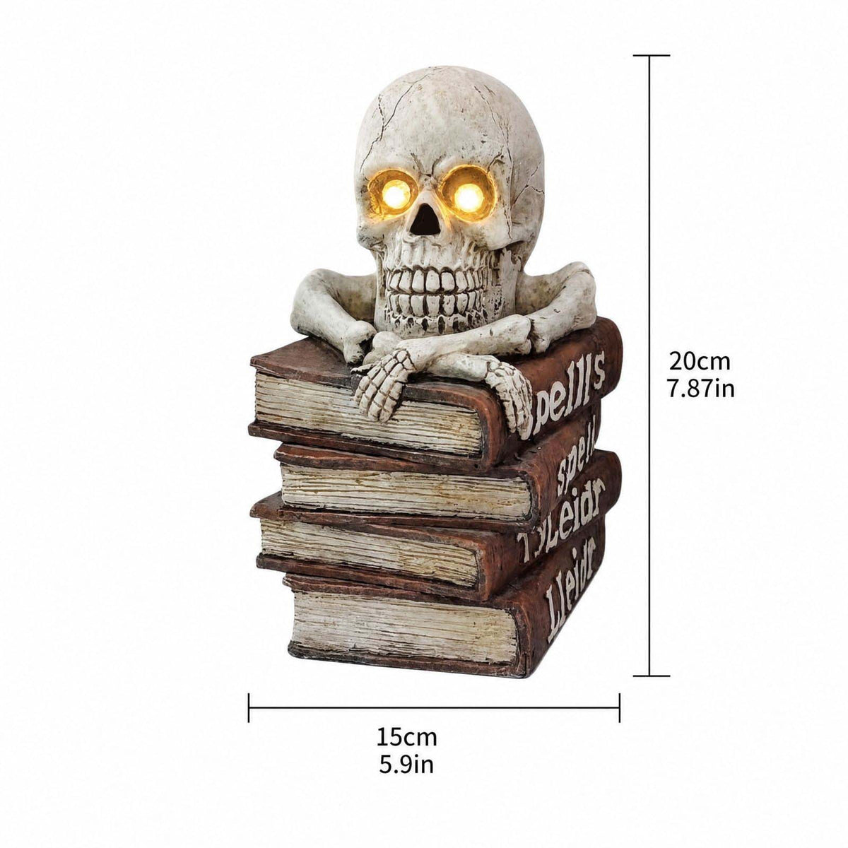 Halloween Light Up Skull Decoration Glowing Eyes Skeleton Figurine on Spell Books, Spooky Creepy Statue for Home Party Tabletop Decor