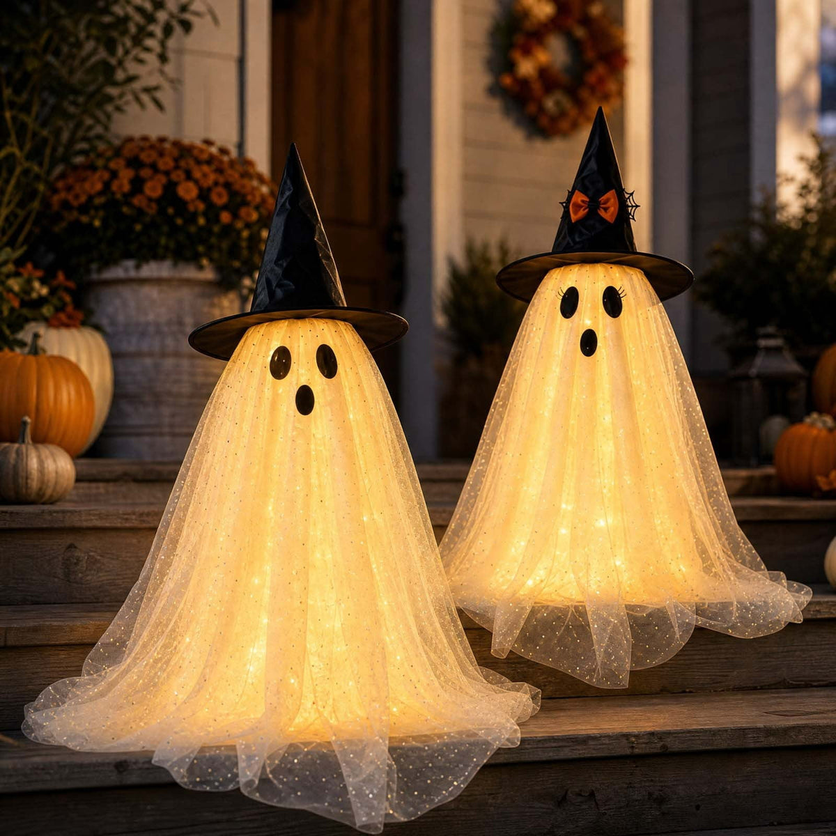 2 Pack Light Up Standing Tulle Ghost Halloween Decorations with Witch Hat, Warm LED Fairy Light Ghost Yard Stakes, Spooky Cute Ghost Outdoor Lawn Porch Mantel Home Halloween Party Decor