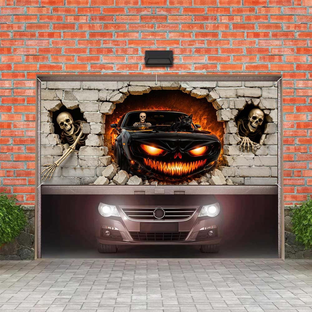 16X7ft Halloween Garage Door Cover Decorations, Spooky Skeletons Pumpkin Large Garage Wall Backdrop Hanging Banner for Halloween Yard Indoor Outdoor Party Decor