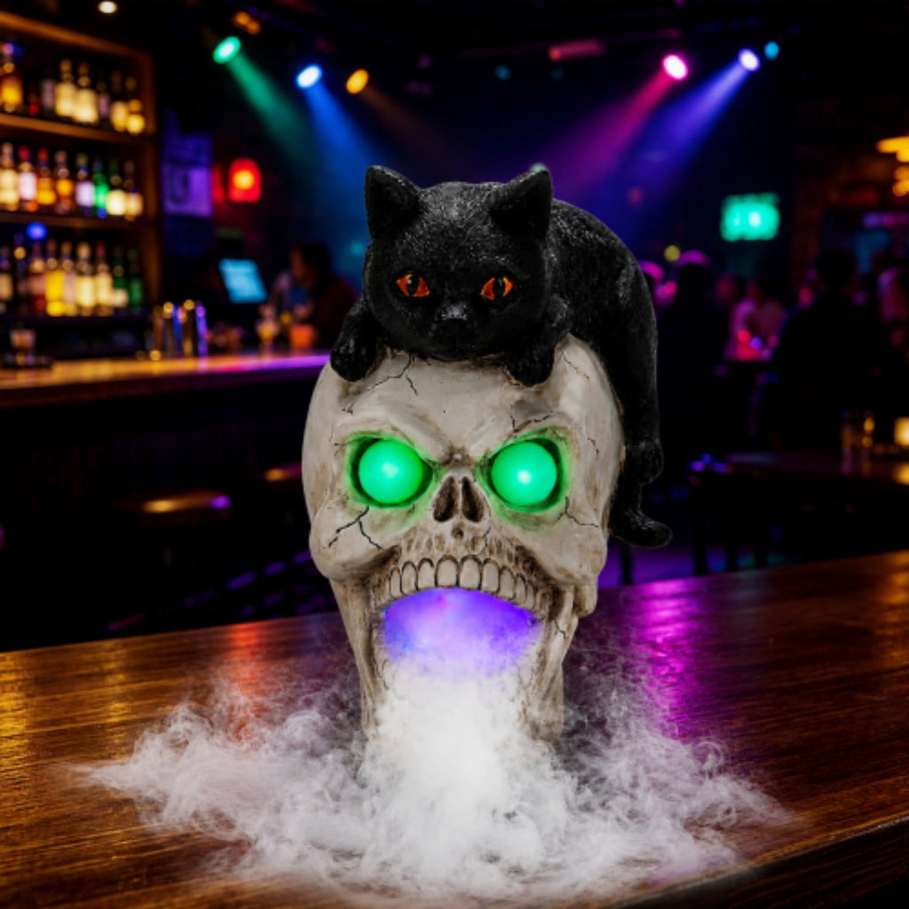 SpookHaven Halloween Jack‑O‑Lantern Pumpkin Mist Sprayer Figurine, LED Light‑Up Fogger with Witch Hat & Skull Decoration, Spooky Ornament for Tabletop Entryway Halloween Party Home Decor