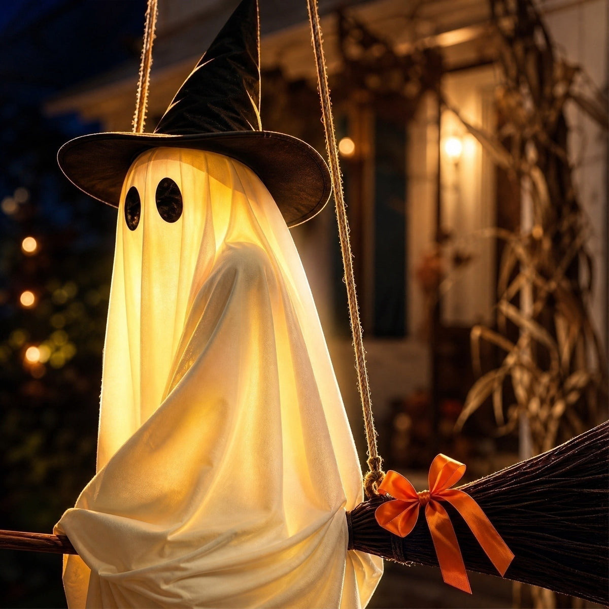 Flying Ghost Witch Broom Light, 43.3 in Halloween Hanging Decor with Remote for Yard Tree Porch Patio Party Display