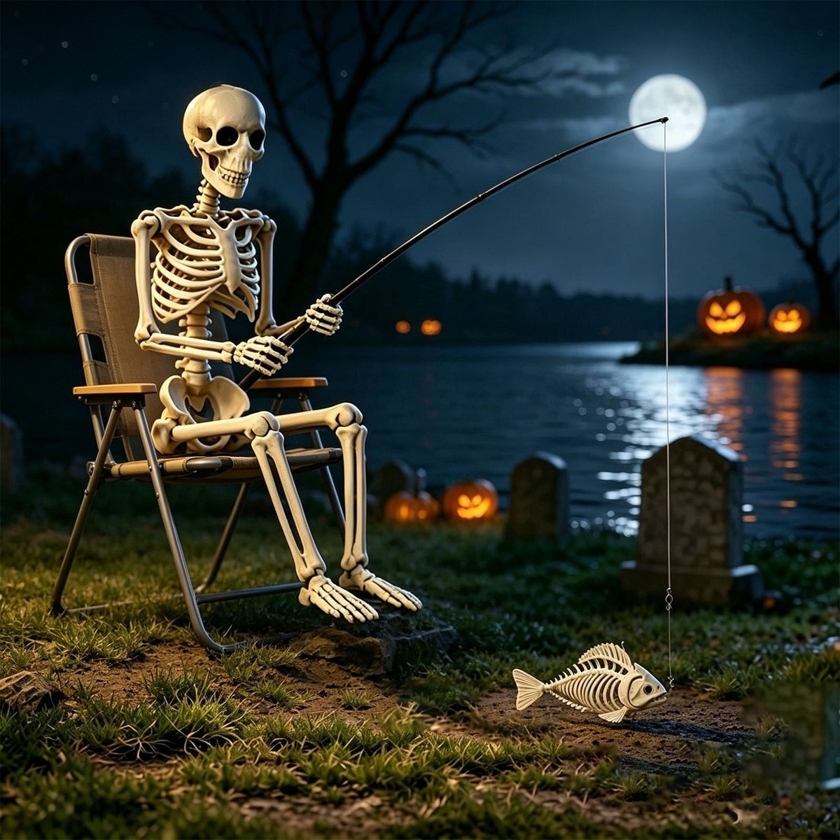 Fishing Skeleton Statue, 35'' Skeleton with 10'' Fish Skeleton, Resin Skull Fisher Sculpture for Aquarium and Garden Pond Edge Ornament Fish Tank Halloween Decorations
