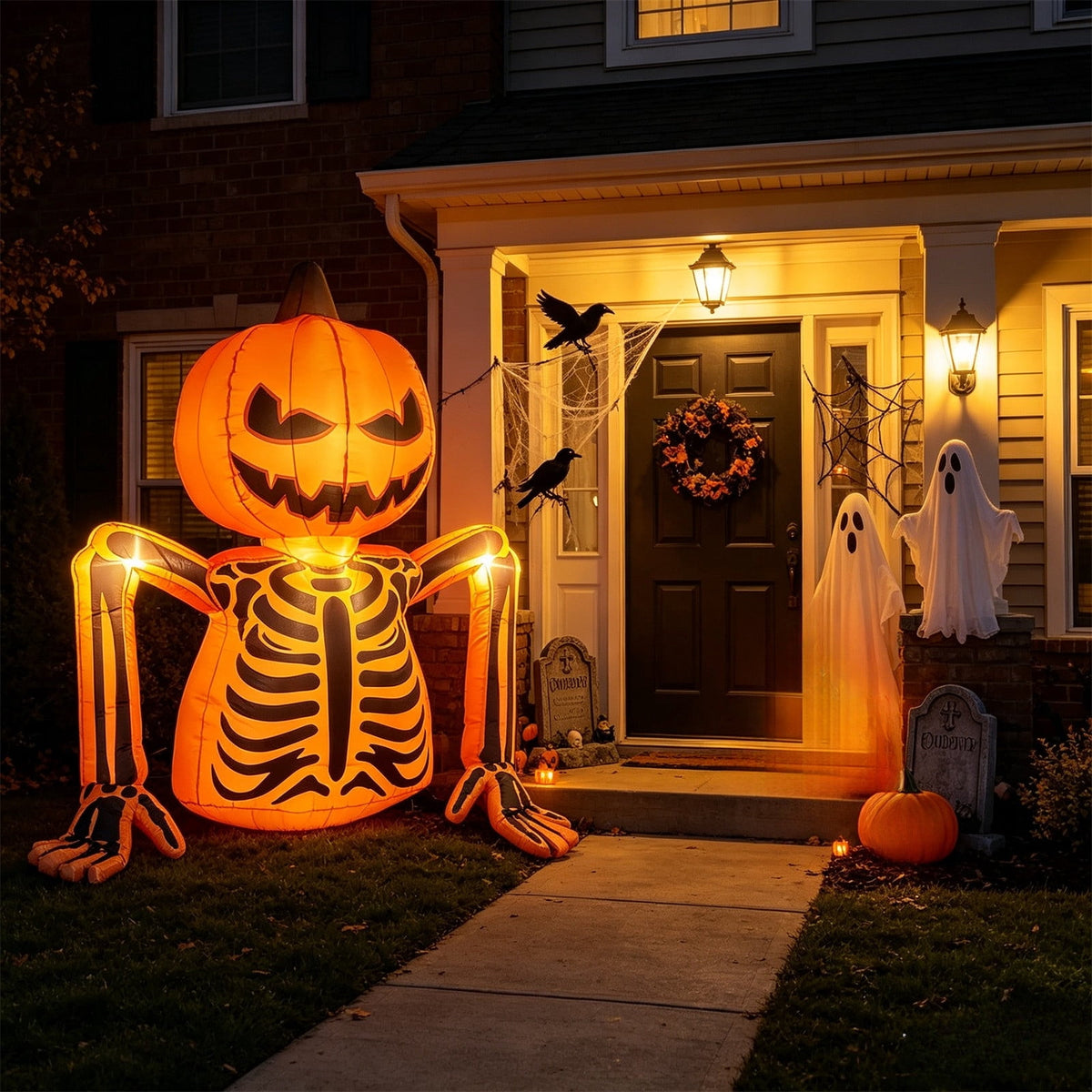 6ft Halloween Inflatable Skull Pumpkin with Built-In Lights, Glowing Outdoor Yard Decoration for Lawn, Porch, Garden, Haunted House, Party and Seasonal Night Display, Multicolored