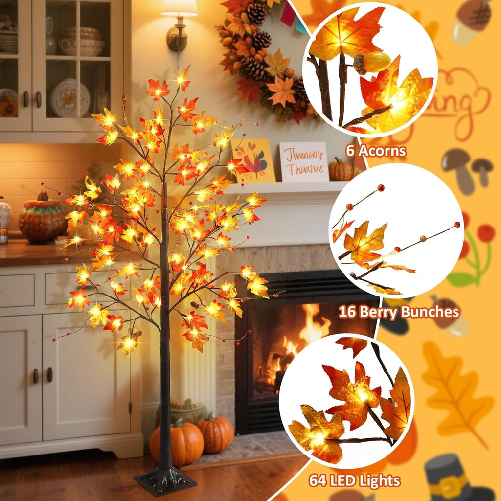 2 Pack LED Lighted Maple Tree, 5 FT Lighted Artificial Tree for Thanksgiving Harvest Fall Festival Halloween Home Party Decoration