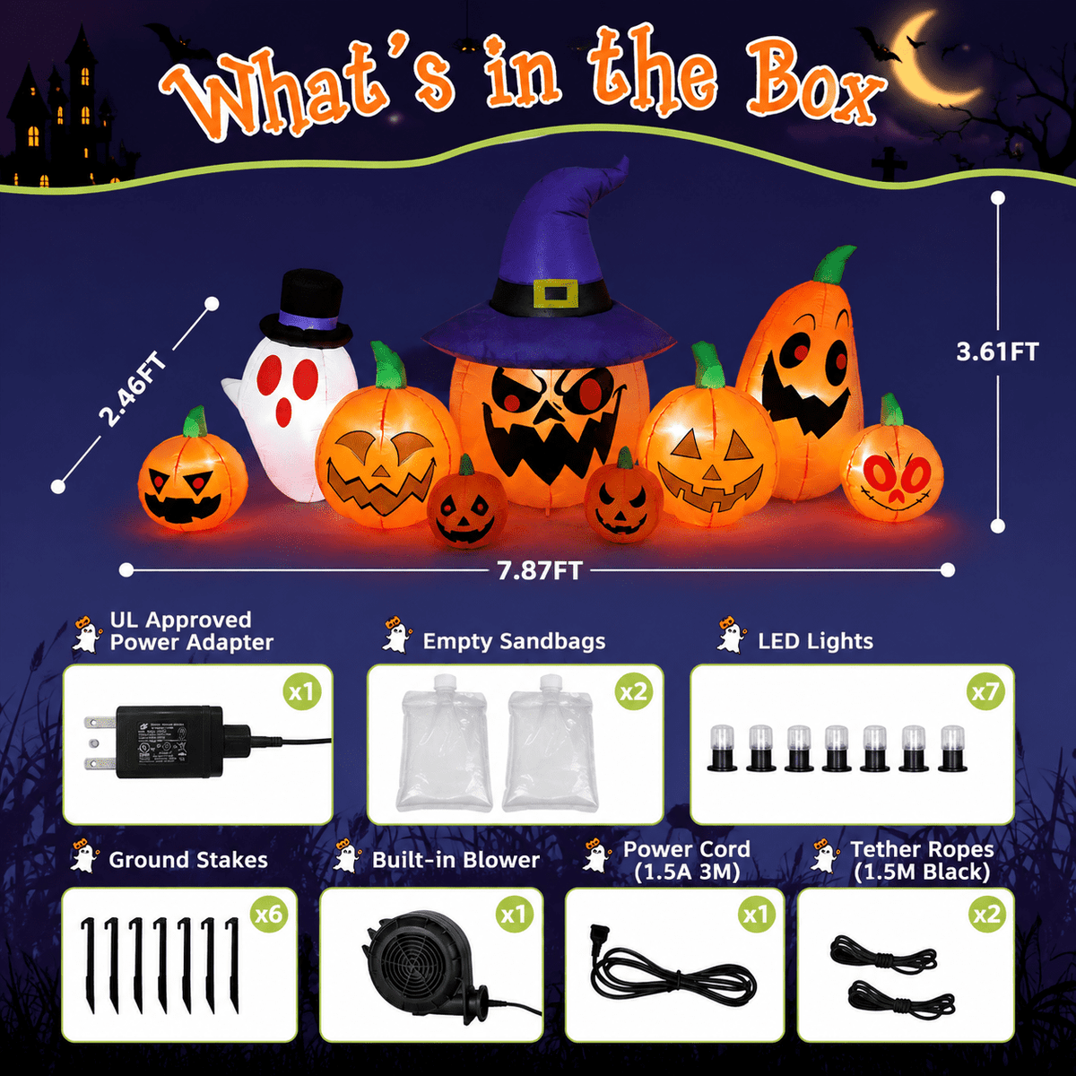 7.9 FT Halloween Inflatable Pumpkin & Ghost Yard Decoration, Pumpkins with Witch Hat, 7 LED Lights, Outdoor Blow Up Decor