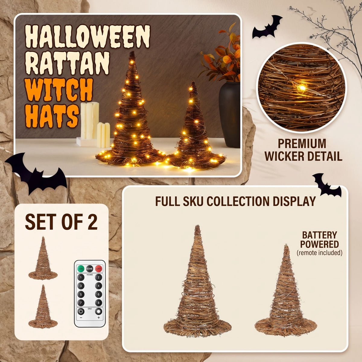 1PC Halloween Rattan Witch Hat Decor with String Lights, Cottagecore Halloween Wicker Wizard Hats Woven Witch Hat, Chic Halloween Party Supplies Home Bedroom Garden Patio Backyard Decoration