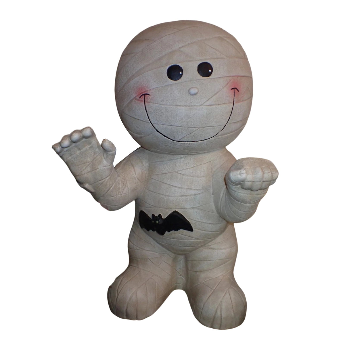 Cute Halloween Light-Up Mummy Blow Mold Decoration, Happy Smiling Mummy Statue with Black Bat, Corded Electric Glowing Tabletop Night Light Figurine for Indoor Holiday Porch Decor
