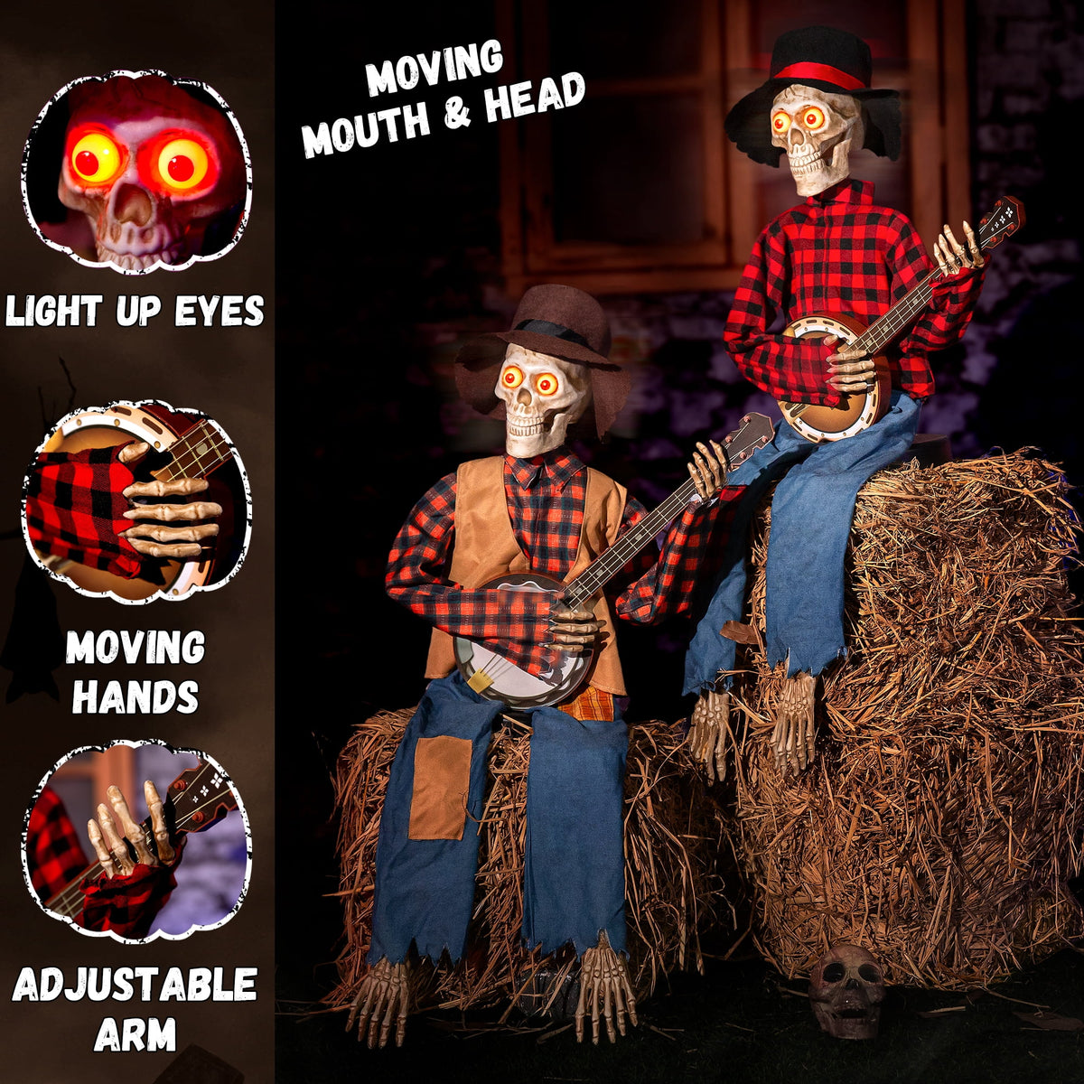 Halloween Animatronics Banjo Skeletons Duo Decorations, Animated Skull with Sound Activated Funny Voice Light Up Eyes, Playing Musical Plug-in Powered Halloween Prop Decor for Indoor Outdoor Yard Law