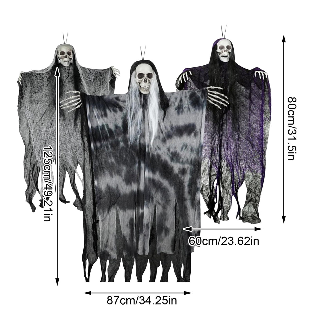 difdany 3 Pack Hanging Halloween Decorations, 42.5 in Large & 31.4 in Small Flying Skeleton Grim Reapers, Floating Ghost props for Outdoor Halloween Decorations & Halloween Party
