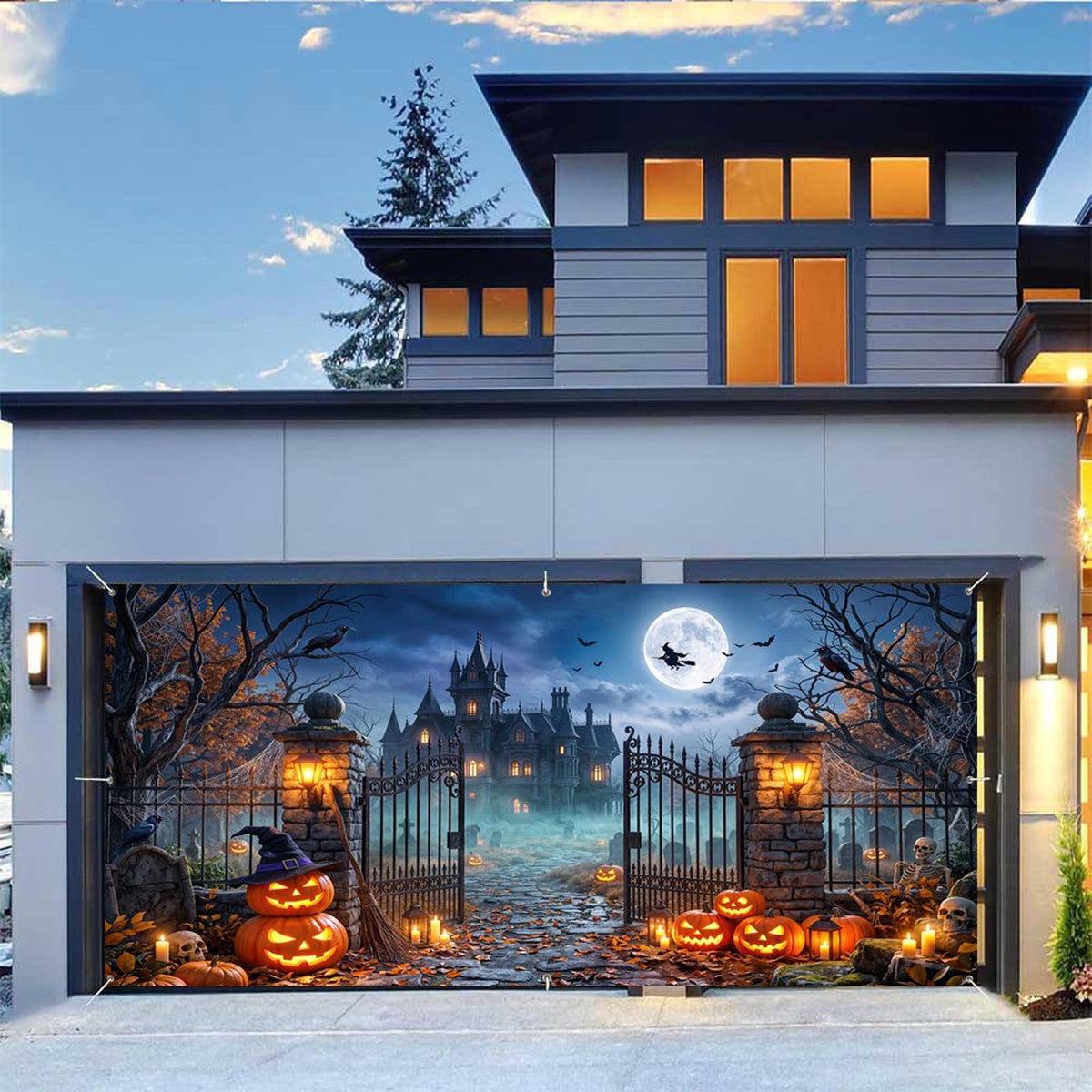 16X7ft Halloween Garage Door Cover Decorations, Spooky Skeletons Pumpkin Large Garage Wall Backdrop Hanging Banner for Halloween Yard Indoor Outdoor Party Decor
